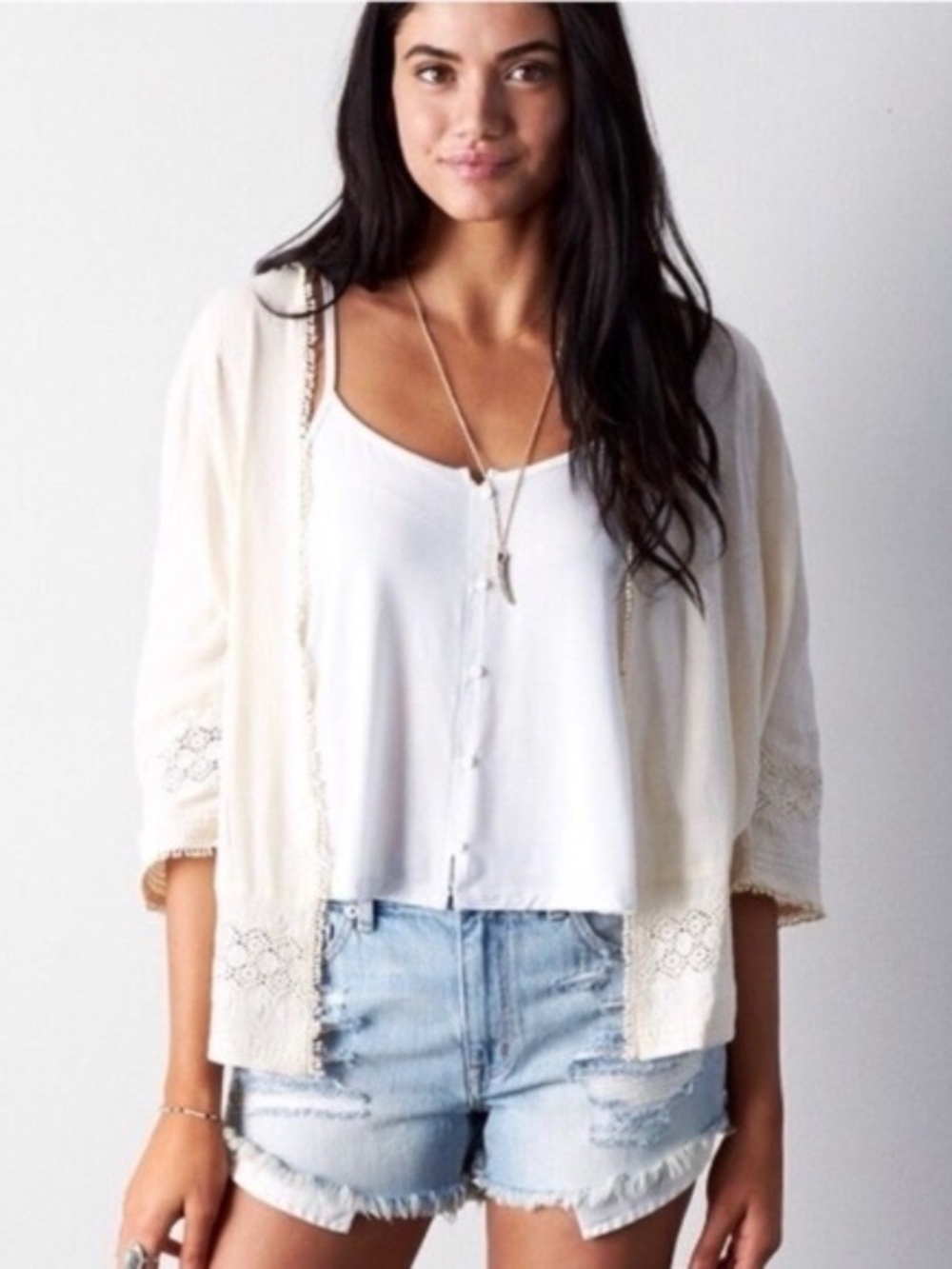 American Eagle Outfitters Embroidered Crochet Open-Front Kimono Style Cardigan